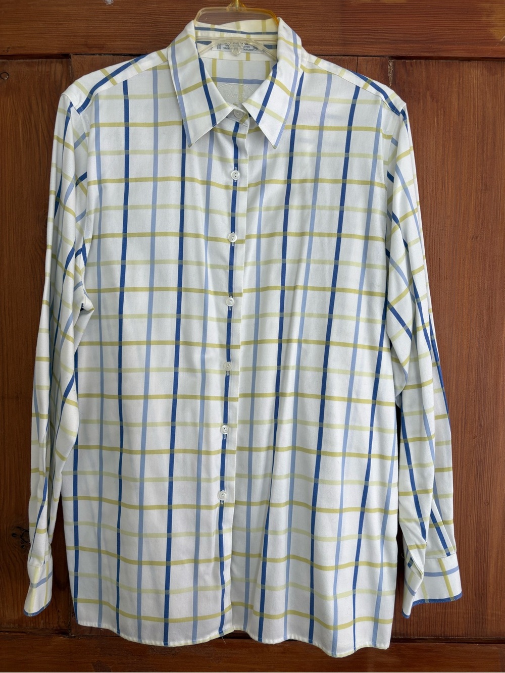 Vintage Foxcroft Wrinkle Resistant White Plaid Button-Up Shirt Blue Yellow 14